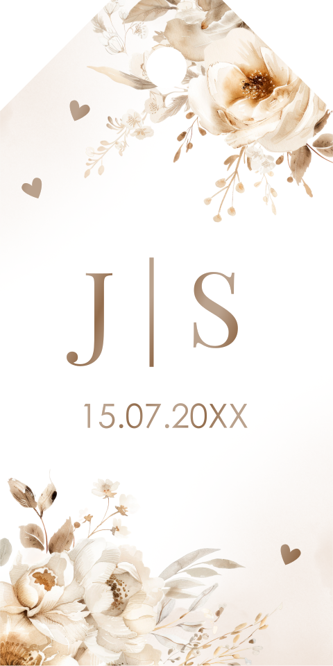 Bruiloft labeltje bohemian bloemen beige hoogglans