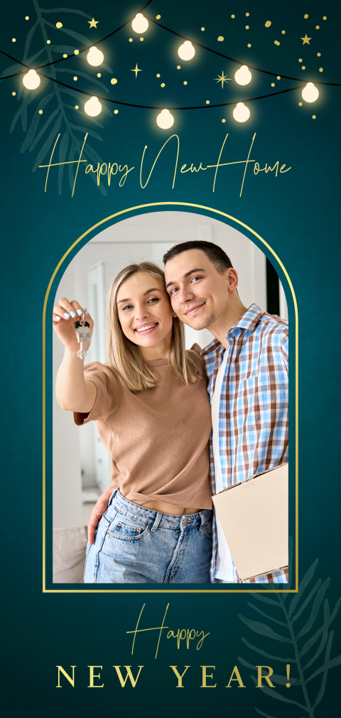 Kerst verhuiskaart met foto boog lampjes goudfolie blauw