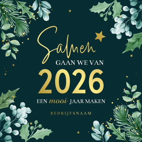 Zakelijke kerstkaart medewerkers botanisch groen kersttakjes goudfolie