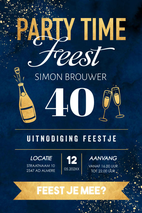 Uitnodiging verjaardag 40 jaar typografie blauw goudlook champagne