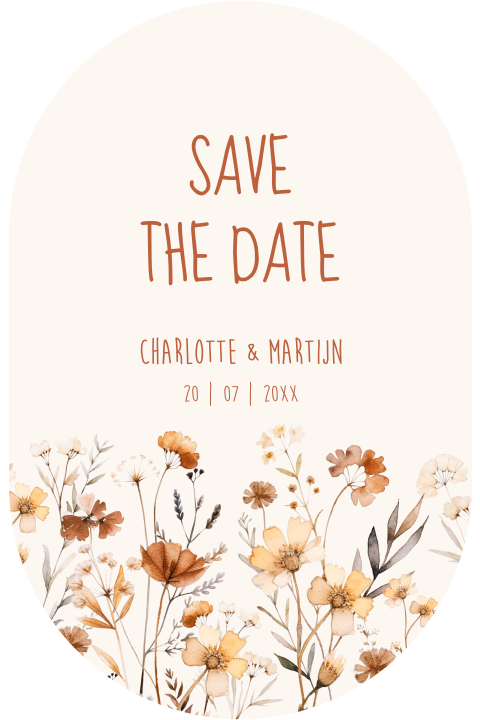 Save the Date kaart beige bruin bloemen ovaal