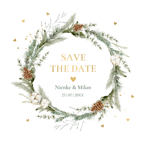 Save the Date kerstkaart kerstkrans groen goudfolie