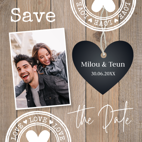 Save the Date kaart met hout en foto