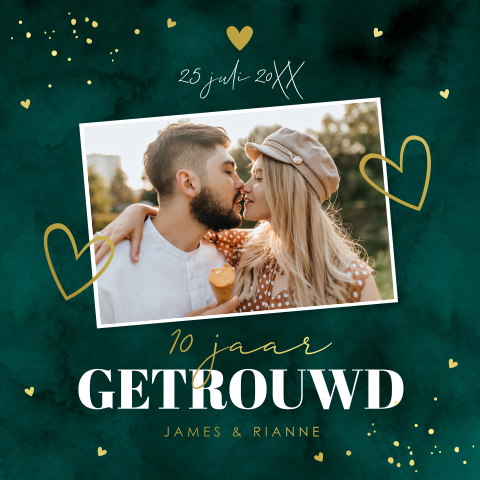 Jubileum kaart 10 jaar getrouwd foto groen goudfolie
