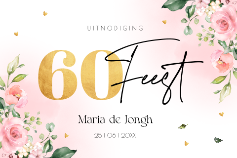 Uitnodiging verjaardag 60 jaar bloemen roze vrouw goudlook