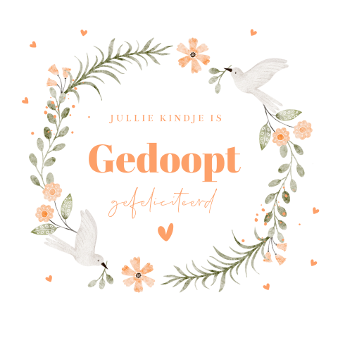 Felicitatie kaart doop meisje bloemenkrans vogels roze