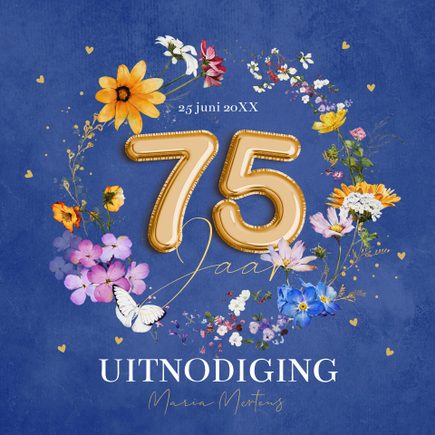 Uitnodiging verjaardag 75 jaar vrouw bloemen blauw ballonnen