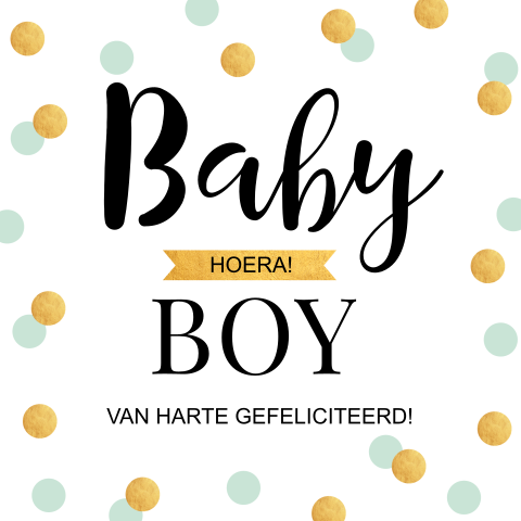 Felicitatie kaart geboorte zoon baby confetti dots goudlook groen