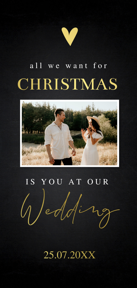 Save the Date kerstkaart zwart langwerpig foto goudfolie