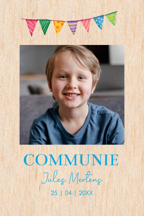 Communie uitnodiging echt hout met foto