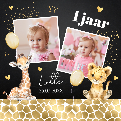 Uitnodiging kinderfeestje meisje 1 jaar jungle dieren zwart goud foto