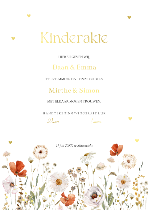 Kinderakte huwelijk veldbloemen wit rood goudfolie