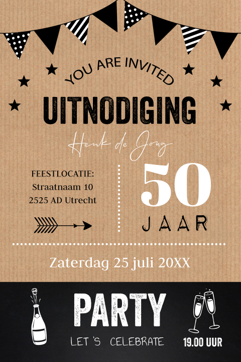 Uitnodiging verjaardag 50 jaar man typografie slinger kraftlook