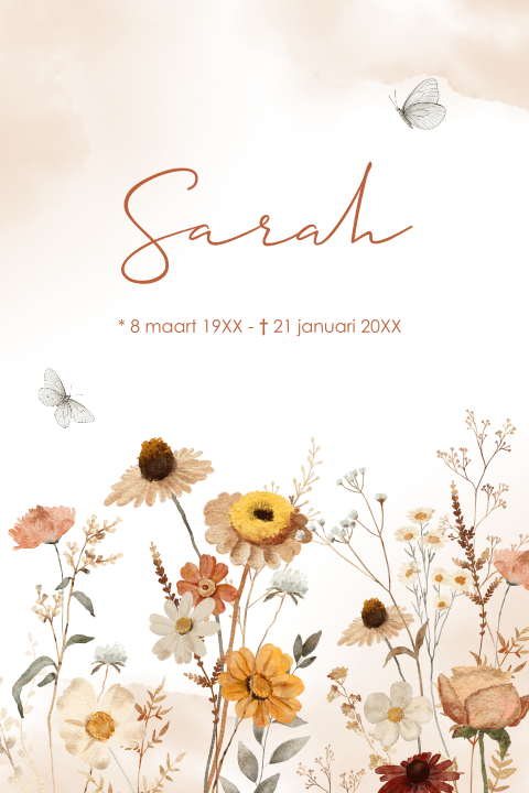 Rouwkaart met herfst bloemen en vlinders