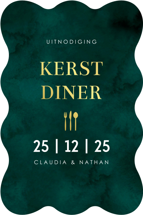 Kerstdiner uitnodiging originele vorm golvend donkergroen goudfolie