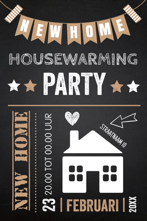 Housewarming party uitnodiging tekst slinger zwart