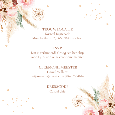 Extra informatie kaartje huwelijk kalkpapier bohemian bloemen