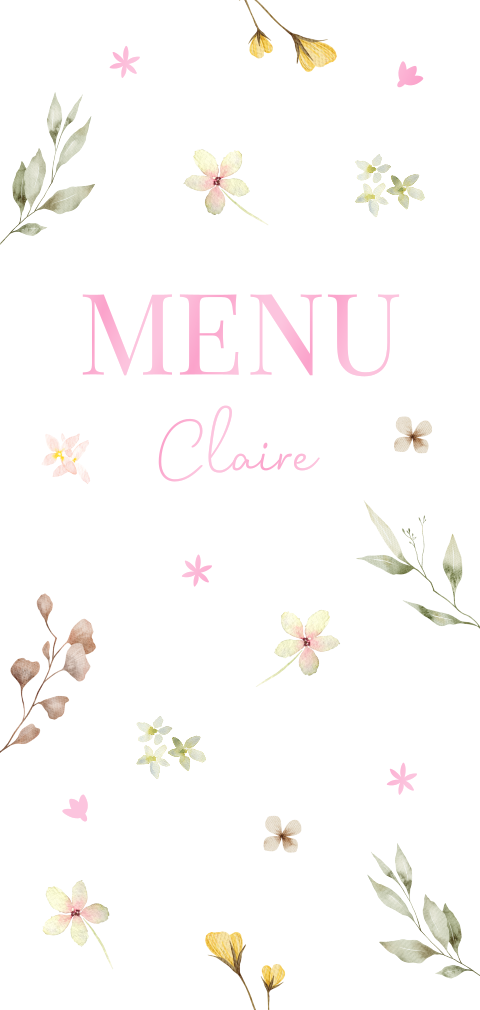 Menukaart communie meisje bloemen hoogglans roze