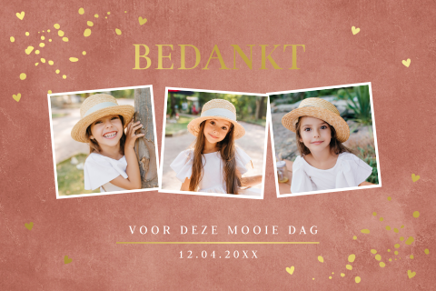 Bedankkaart communie meisje terracotta fotocollage goudfolie