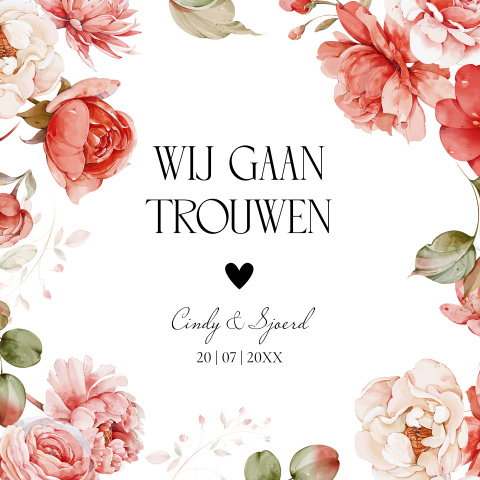 Trouwkaart watercolour bloemen rood