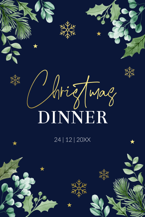 Kerstdiner uitnodiging botanisch groen blauw kersttakjes goudfolie