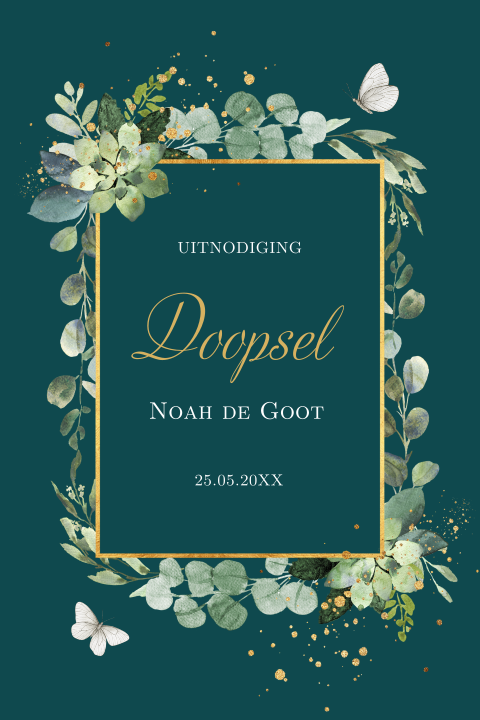Doopkaart botanisch groen bladeren vlinders