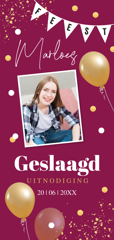 Uitnodiging geslaagd vrouw foto ballonnen confetti