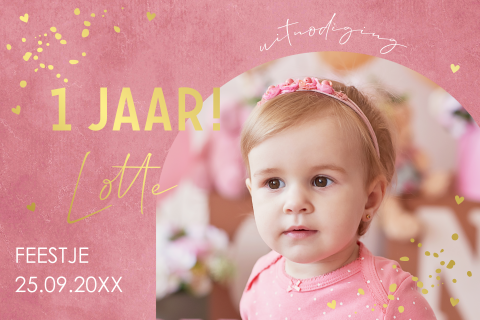 Uitnodiging kinderfeestje meisje 1 jaar roze foto boog goudfolie
