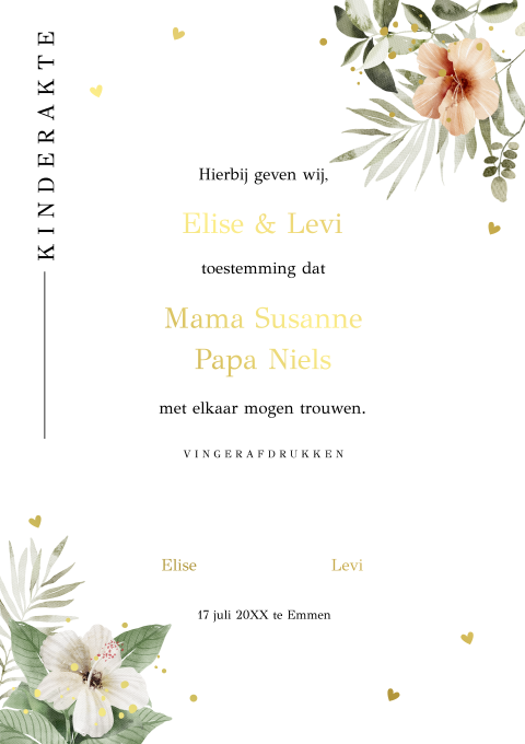 Kinderakte huwelijk tropisch bladeren groen goudfolie