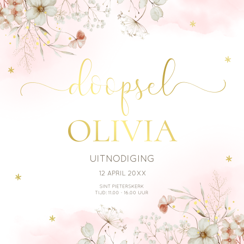 Doopkaart meisje roze bloemen goudfolie