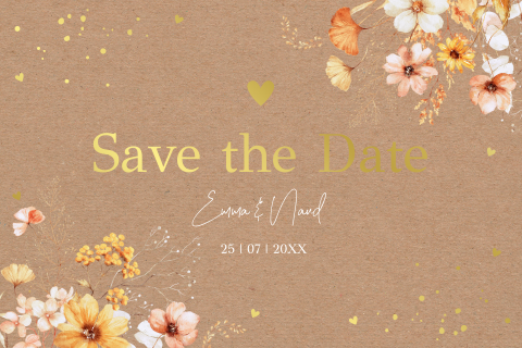 Save the Date uitnodiging kraft bloemen geel kraft goudfolie