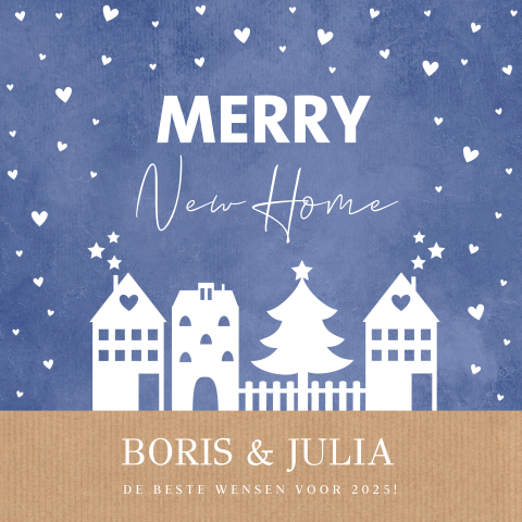 Kerst verhuiskaart blauw met witte huisjes 