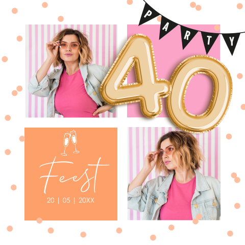Uitnodiging verjaardag 40 jaar met foto slinger confetti roze