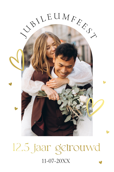 Jubileum uitnodiging 12,5 jaar getrouwd met foto boog goudfolie