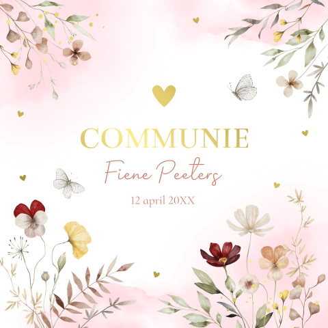 Communie uitnodiging meisje bloemen roze vlinders goudfolie