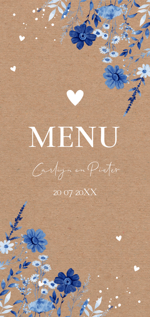 Menukaart huwelijk kraft look watercolour bloemen blauw