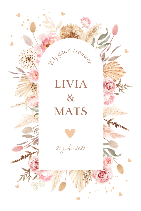 Trouwkaart bohemian bloemen beige rechthoekig