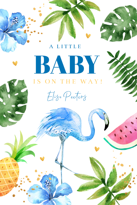 Babyshower uitnodiging flamingo tropisch blauw bladeren
