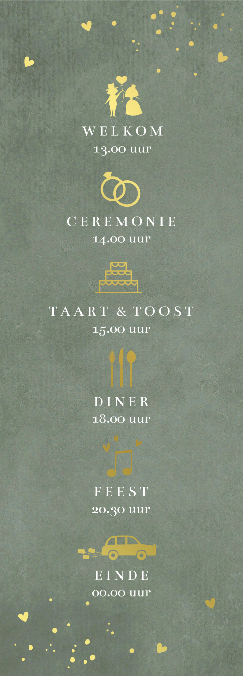 Programmakaartje bruiloft stripvorm groen goud symbolen (per 3 stuks)