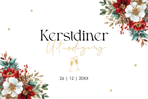Kerstdiner uitnodiging kerstbloemen rood goudfolie