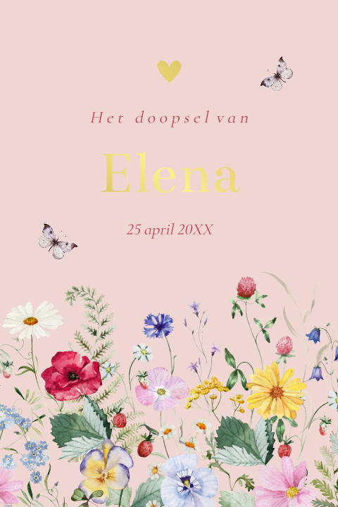 Doop uitnodiging meisje bloemen roze goudfolie