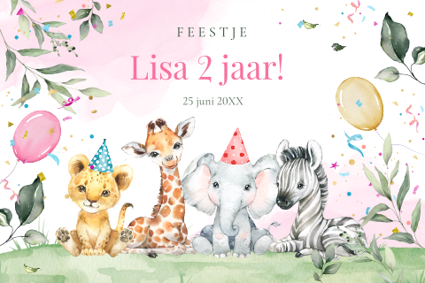 Uitnodiging kinderfeestje meisje 2 jaar safari jungle dieren ballonnen