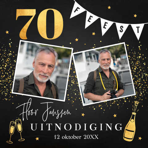 Uitnodiging verjaardag 70 jaar foto zwart goud slinger feest man