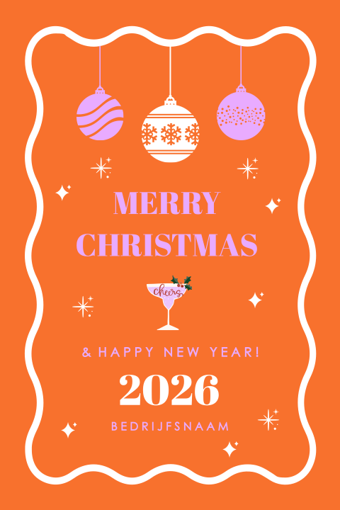 zakelijke kerstkaart oranje paars kerstballen golvend kader trendy