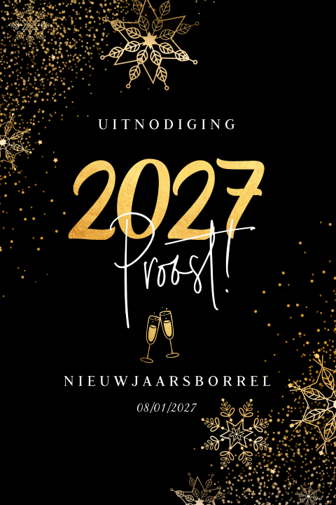 Zakelijke nieuwjaarsborrel uitnodiging zwart goudlook sterren 2027