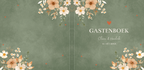 Gastenboek bruiloft groen bloemen beige