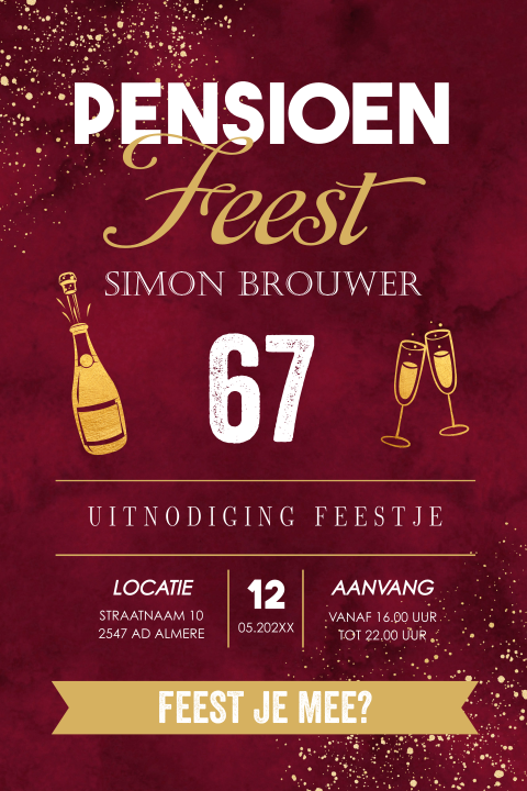 Uitnodiging pensioen rood typografie champagne