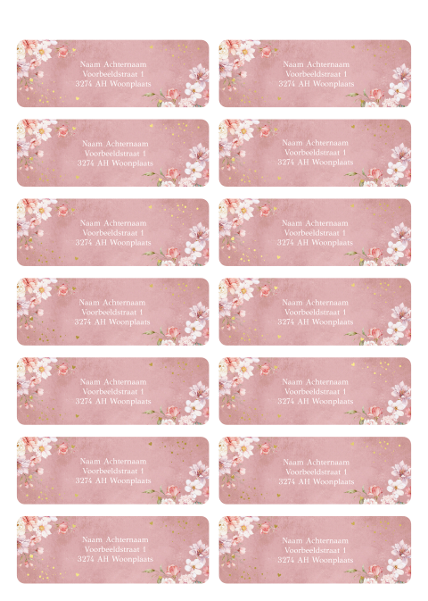 Adresstickers huwelijk dusty bloemen roze goudfolie