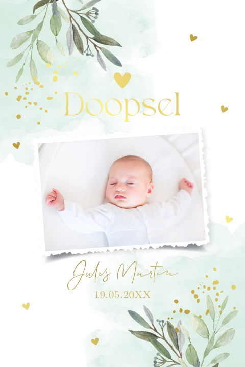 Doopkaart jongen foto botanisch bladeren goudfolie