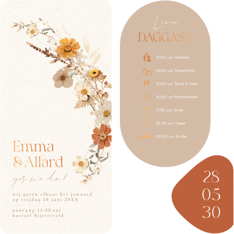 Labelkaart trouwkaart langwerpig bloemen beige bloemen foliedruk